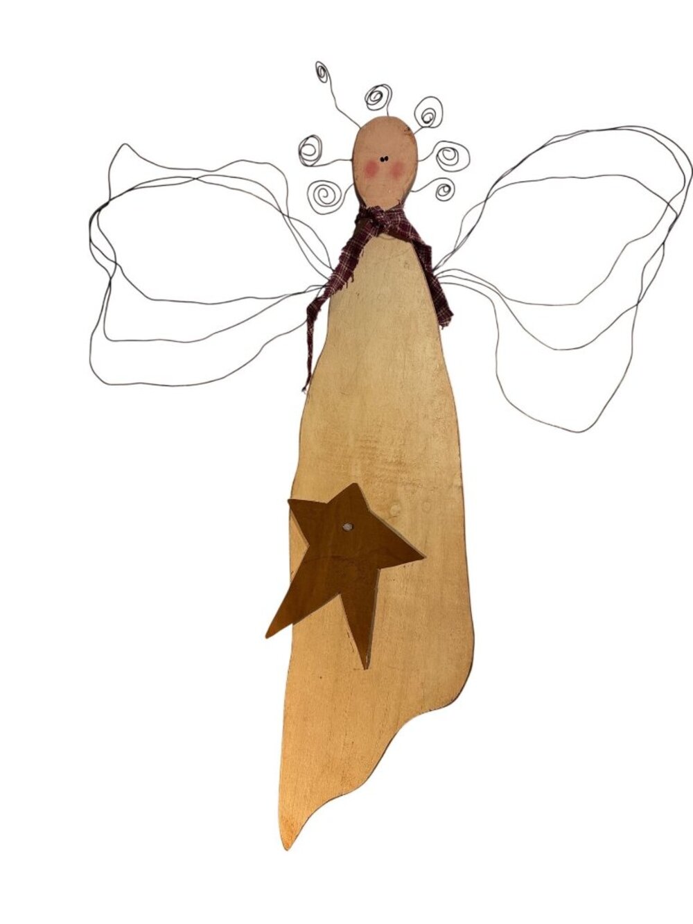 Handmade Rustic Wooden Angel With Wire Wings & Plaid Scarf 21" Tall Folk Art